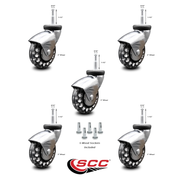 3 Inch Bright Chrome Hooded Polyurethane 5/16 Inch Grip Neck Stem Casters, 5PK